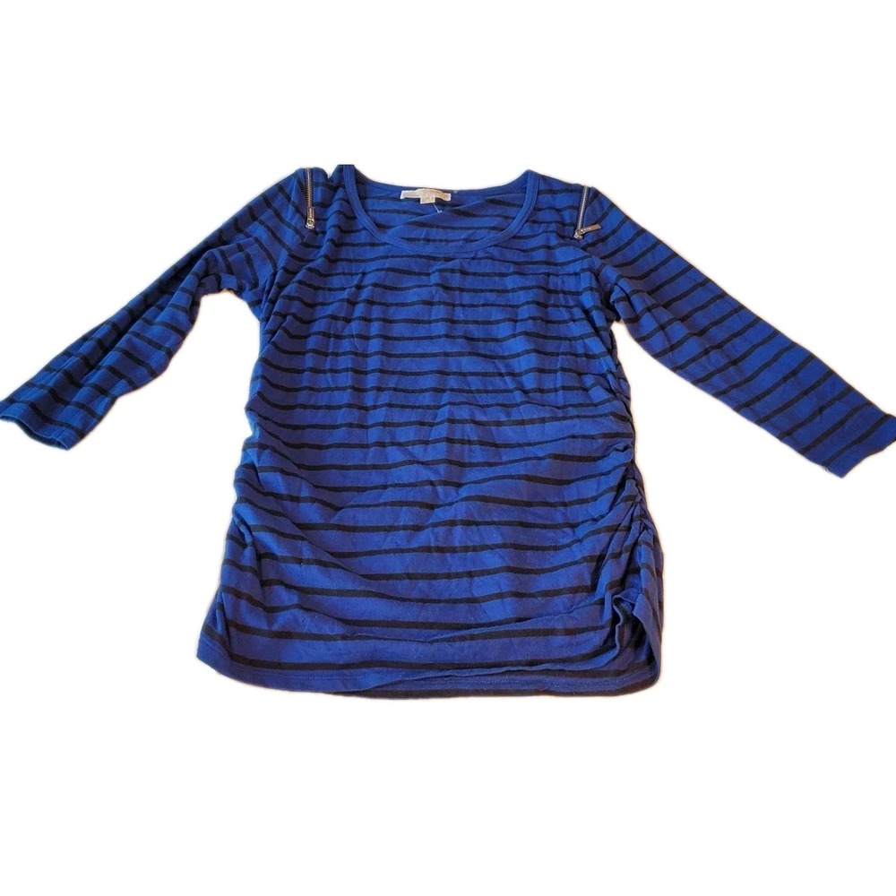 Michael Kors 3/4โ Sleeve Round Neck Ruched Sides Top Size L Navy Black Striped